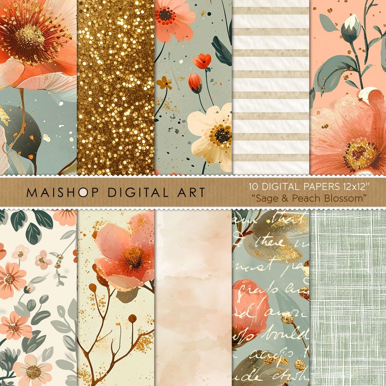 Sage & Peach Blossom Digital Paper I Floral Pattern Backgrounds I Gold Glitter, Stripes, Watercolor and Linen Scrapbook Papers image 1