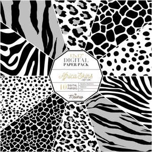 Papier numérique animalier, imprimés d'animaux « Africa Skins - Set 04 » noir et blanc, motifs zèbre, tigre, léopard, girafe et guépard