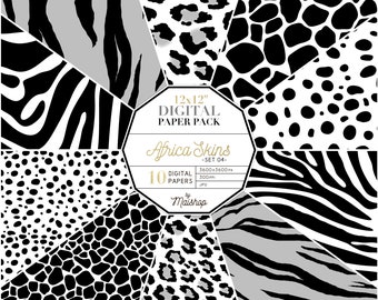 Animal Digital Paper, Animal Prints "Africa Skins - Set 04" Black & White Zebra, Tiger, Leopard, Giraffe and Cheetah Patterns