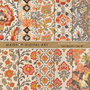 Puede incluir: Conjunto de 10 papeles digitales con motivos florales en tonos naranja, rojo, gris y dorado. Los papeles miden 30,5 cm x 30,5 cm y se titulan "Sari Bloom - Set 18".