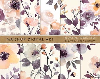 Watercolor Floral Patterns • Instant Download Digital Papers • Printable Background Images • Mauve & Peach Blossom