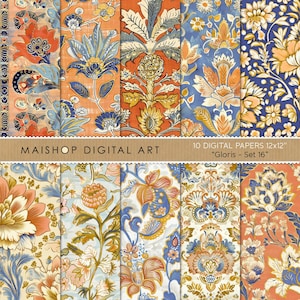 Könnte beinhalten: Eine Sammlung von zehn digitalen Papieren, jeweils 12x12 Zoll groß, mit floralen und Paisley-Mustern in Orange, Blau und Creme. Die Papiere haben eine Vintage-Ästhetik, mit dem Text "MAISHOP DIGITAL ART" und "Gloris - Set 16".