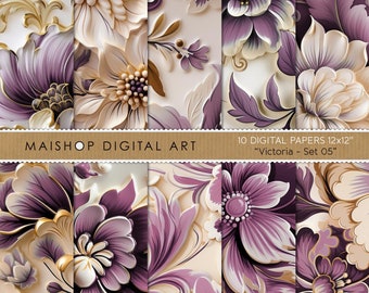 Seamless Flowers Digital Paper I Ivory, Purple & Gold Relief Floral Patterns I Instant Download Backgrounds I Victoria Set 05