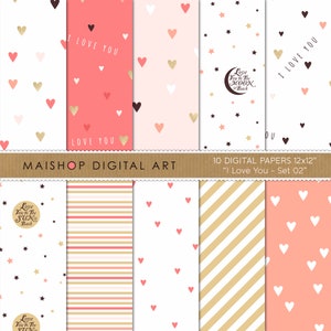 Pacote de papel digital para o Dia dos Namorados, papel para scrapbook, moldes para impressão de uso comercial para convites, artigos de papelaria, cartões de felicitações...