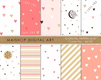 Pacote de papel digital para o Dia dos Namorados, papel para scrapbook, moldes para impressão de uso comercial para convites, artigos de papelaria, cartões de felicitações...