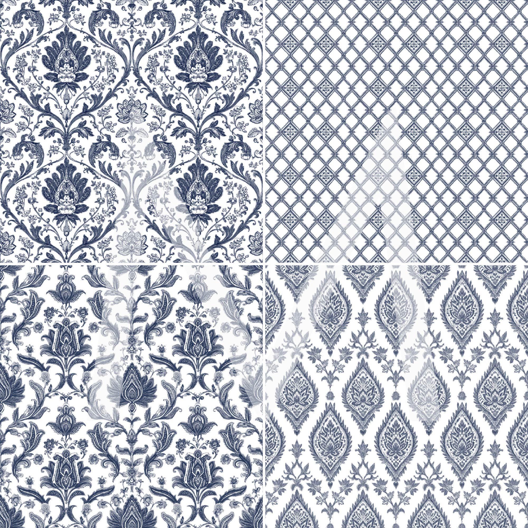Navy Blue Chinoiserie and Toile Digital Paper Pack, 24 Elegant Floral ...