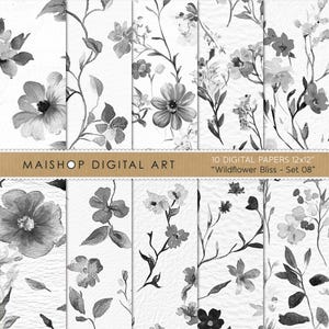Digitaal zwart-wit papier • Naadloze bloempatronen • Afdrukbare decoratieve vellen • Direct downloaden • Wildflower Bliss Set 08