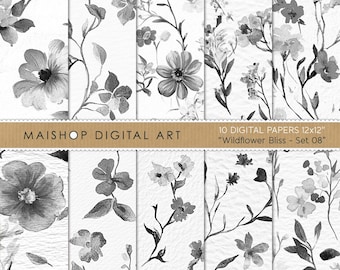 Black and White Digital Papers • Seamless Floral Patterns • Printable Decorative Sheets • Instant Download • Wildflower Bliss Set 08