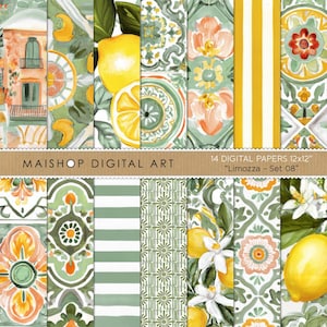 Light Green Tile Digital Paper Pack | Peach Mediterranean Lemon Backgrounds, Watercolor Citrus Wedding Pattern • Limozza 08