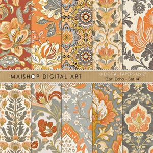 Papéis digitais Boho florais sem costura • Padrões Boho Chic para azulejos • Fundos digitais de flores em estilo indiano • Conjunto Zari Echo 14