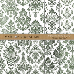 Damast sömlöst digitalt papper, digitala bakgrunder scrapbookpapper, kommersiellt bruk direkt nedladdning • Grön damast