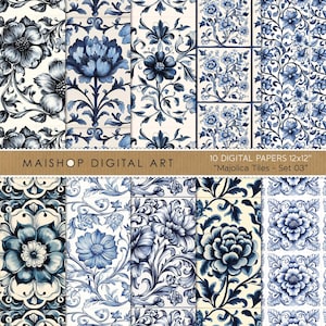 Puede incluir: Diez papeles digitales con patrones florales azules y blancos en estilo de azulejos de mayólica. Los papeles miden 30,48 cm por 30,48 cm y están etiquetados como "Majolica Tiles - Set 03".
