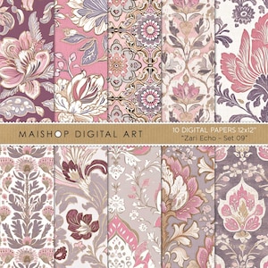 Papéis Digitais Florais Boho • Padrões Boho Chic Rosa e Lilás Sem Costura • Fundos Digitais de Flores em Estilo Asiático • Conjunto Zari Echo 09