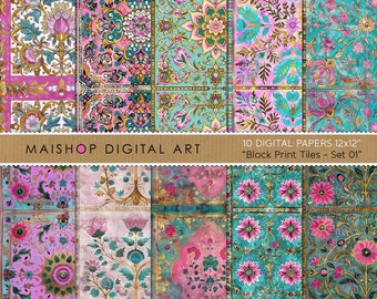 Block Print Seamless Digital Papers • Colorful Scrapbook Papers • Printable Instant Download Background Images • Block Print Tiles Set 01