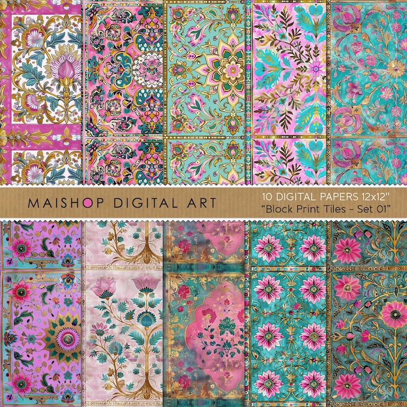 Block Print Seamless Digital Papers Colorful Scrapbook Papers Printable Instant Download Background Images Block Print Tiles Set 01 image 1