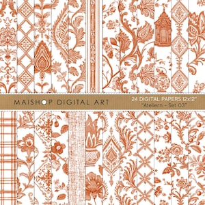 May include: A collection of 24 digital papers, each 12x12 inches, featuring various patterns in a burnt orange hue on a white background. The designs include floral, paisley, and geometric motifs. The text "MAISHOP DIGITAL ART" and "Ateliern - Set 03" are visible.