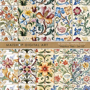 Naadloos digitaal papier majolicategels • Mediterrane achtergrondafbeeldingen • Patronen voor knutsel- en ontwerpprojecten • Majolicategels set 02