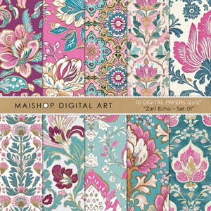 Papéis florais sem costura Boho • Fundos de scrapbook Boho Chic • Texturas digitais inspiradas em Batik • Zari Echo Set 01 Download