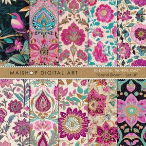 Papier numérique transparent bohème • Arrière-plans de scrapbooking coloré de style indien • Téléchargement instantané imprimable • Grand Bloom Set 01