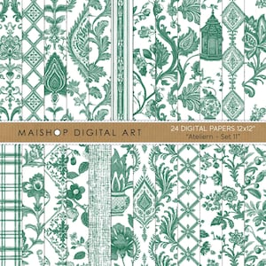 May include: A collection of 24 digital papers, each 12x12 inches, featuring various green and white floral and geometric patterns. The designs include paisley, lattice, and botanical motifs. The text "MAISHOP DIGITAL ART" and "Ateliern - Set 11" are visible.