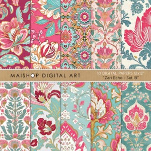 Patrones florales bohemios repetibles • Estilo boho chic rosa y azul sin costuras • Fondos digitales de flores de estilo asiático • Conjunto Zari Echo 19