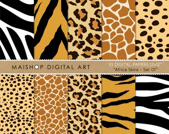 Animal Print Digital Papers, Zebra, Tiger, Leopard, Giraffe, Cheetah Patterns, Safari Scrapbook Papers, Wild Patterns • Africa Skins Set 01