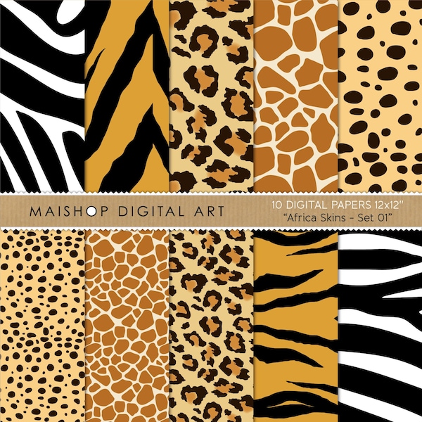 Animal Print Digital Papers, Zebra, Tiger, Leopard, Giraffe, Cheetah Patterns, Safari Scrapbook Papers, Wild Patterns • Africa Skins Set 01