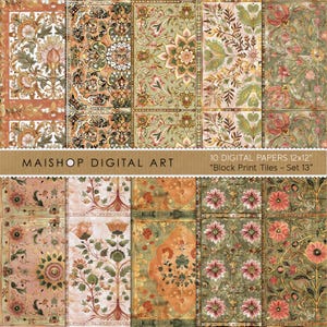 May include: A collection of ten digital papers, each 12x12 inches, featuring various block print tile designs. The papers showcase floral and geometric patterns in shades of green, orange, and pink. The text "MAISHOP DIGITAL ART" and "Block Print Tiles - Set 13" are visible.