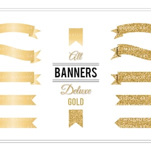 Banner Clip Art 'Deluxe Gold' Clipart digital com glitter dourado para convites de festa, criação de cartões, scrapbook, projetos, adesivos...