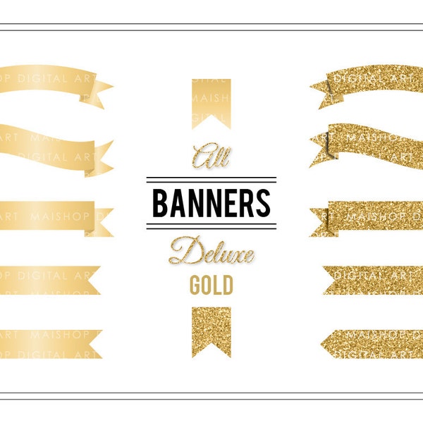 Banner Clip Art 'Deluxe Gold' Golden Glitter Digital Clipart for Party Invitations, Card Making, Scrapbook, Projects, Stickers...