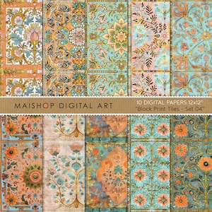 May include: Set of 10 digital papers featuring a repeating pattern of colorful floral tiles in shades of teal, peach, and gold. The papers are 12 inches by 12 inches and are labeled "Block Print Tiles - Set 04".