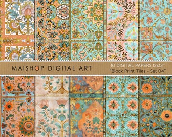 Mint & Salmon Seamless Digital Paper Pack • Colorful Boho Floral Patterns • Instant Download Backgrounds • Block Print Tiles Set 04