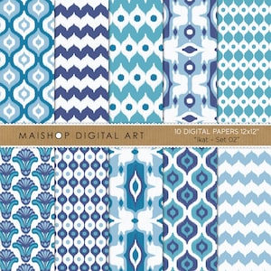 Può includere: Set di 10 carte digitali con motivi ikat blu e bianchi. Ogni carta misura 30,5 cm per 30,5 cm.