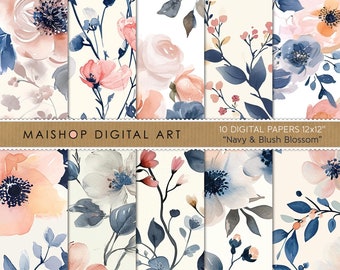 Navy & Blush Blossom Floral Digital Paper • 12x12 Scrapbook Paper Pack • Watercolor Flowers Patterns • Commercial Use