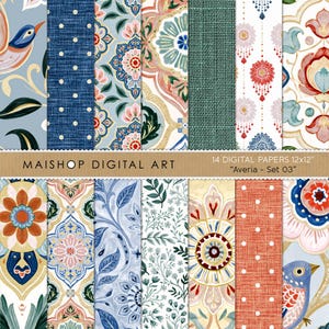 Op de afbeelding: Een collectie van 14 digitale papieren met het label MAISHOP DIGITAL ART Averia - Set 03 30,5x30,5 cm. De patronen bevatten vogels, bloemmotieven, geometrische vormen en stippen in blauw, rood, groen en crème met diverse texturen.
