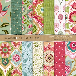May include: A collection of 14 digital papers labeled MAISHOP DIGITAL ART Averia - Set 09 12x12 inches. The patterns feature various floral motifs, birds, polka dots, and textured backgrounds in shades of pink, green, red, white, and blue.