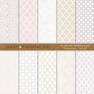 Digitaal papier in neutrale lichte kleuren, elegant plakboekpapier, afdrukbare achtergronden, bruiloftsscrapbookontwerpen, arabesque-set 02