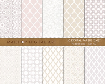 Neutral Light Color Digital Papers, Elegant Scrapbook Papers, Printable Backgrounds, Wedding Scrapbooking Designs ⎢ Arabesque Set 02