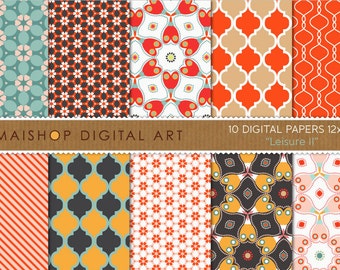 Geometric Digital Paper, Scrapbook Paper "Leisure - Set 02" Instant Download for Stationery, Crafts, Decoupage, Graphic Design...