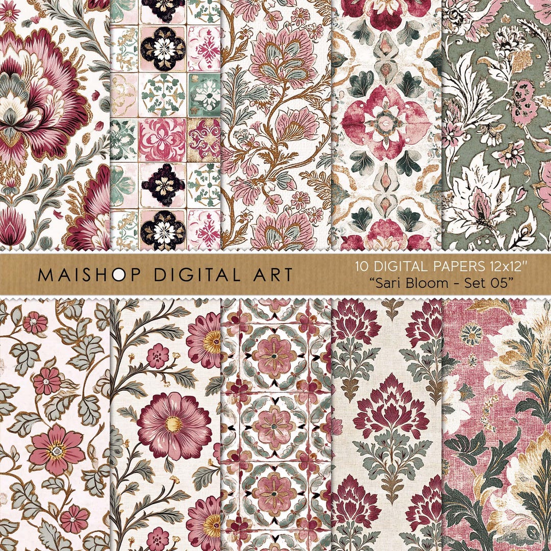 Seamless Boho Digital Paper Set • Muted Floral Textured Patterns for ...