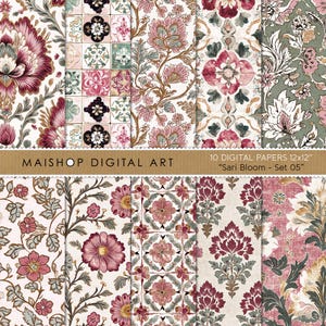 Nahtlos Boho Papier Set • Gedämpfte florale Strukturmuster zum Basteln • Scrapbooking und DIY Projekt Hintergründe • Sari Bloom Set 05
