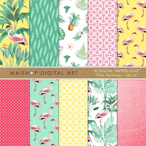 Flamingo Digitales Papier, druckbare tropische Muster, Sommer Scrapbook Papiere, sofortiger Download, kommerzielle Nutzung ⎢ Pink Flamingo Set 02