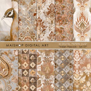 Könnte beinhalten: Set mit 10 digitalen Papieren mit Pfauen-, Paisley- und Blumenmustern in Braun-, Beige- und Goldtönen. Die Papiere sind 30,5 cm x 30,5 cm groß und tragen den Titel "Indian Peacock - Set 07".
