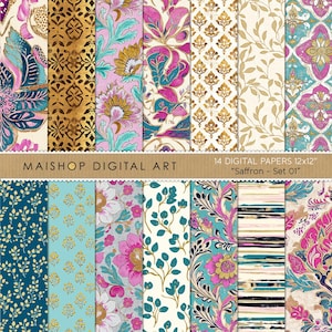 Puede incluir: Un conjunto de 14 papeles digitales de 30,48 cm x 30,48 cm, con diseños florales y geométricos en tonos turquesa, rosa, dorado y marrón. El texto dice "MAISHOP DIGITAL ART" y "Saffron - Set 01".