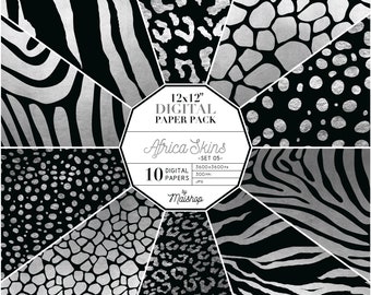 Digitales Papier Schwarz & Silber "Africa Skins - Set 05" Zebra, Tiger, Leopard, Giraffe und Gepard Tier Muster