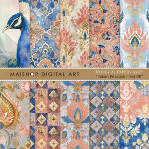 Boho Digital Paper Pack, Disegni stampabili glamour, Carta per scrapbooking, Download digitale, Uso commerciale gratuito • Set pavone indiano 06