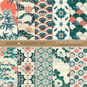 May include: Ten digital papers in a Japanese style with a variety of patterns including flowers, waves, and geometric designs. The papers are in shades of teal, coral, and white.  "Japan Style - Set 05"