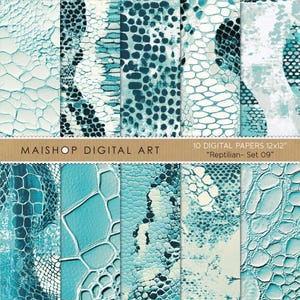 Pacote de papel digital de cobra azul • Padrões de impressão de cobra sem costura • Design têxtil, scrapbooking, criação de cartões, convites... • Conjunto de répteis 09