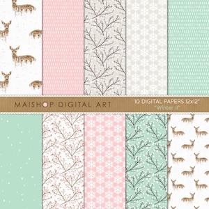 Mint & Pink Digital Paper Winter II Deers, Blossoms, Snowflakes Patterns for Scrapbook, Decoupage, Cards, Crafts, Invites... image 1