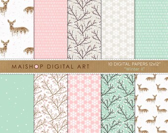 Mint & Pink Digital Paper "Winter II" Deers, Blossoms, Snowflakes Patterns for Scrapbook, Decoupage, Cards, Crafts, Invites...